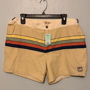 Marine Layer Tan Swim Shorts with Colorful Stripes
